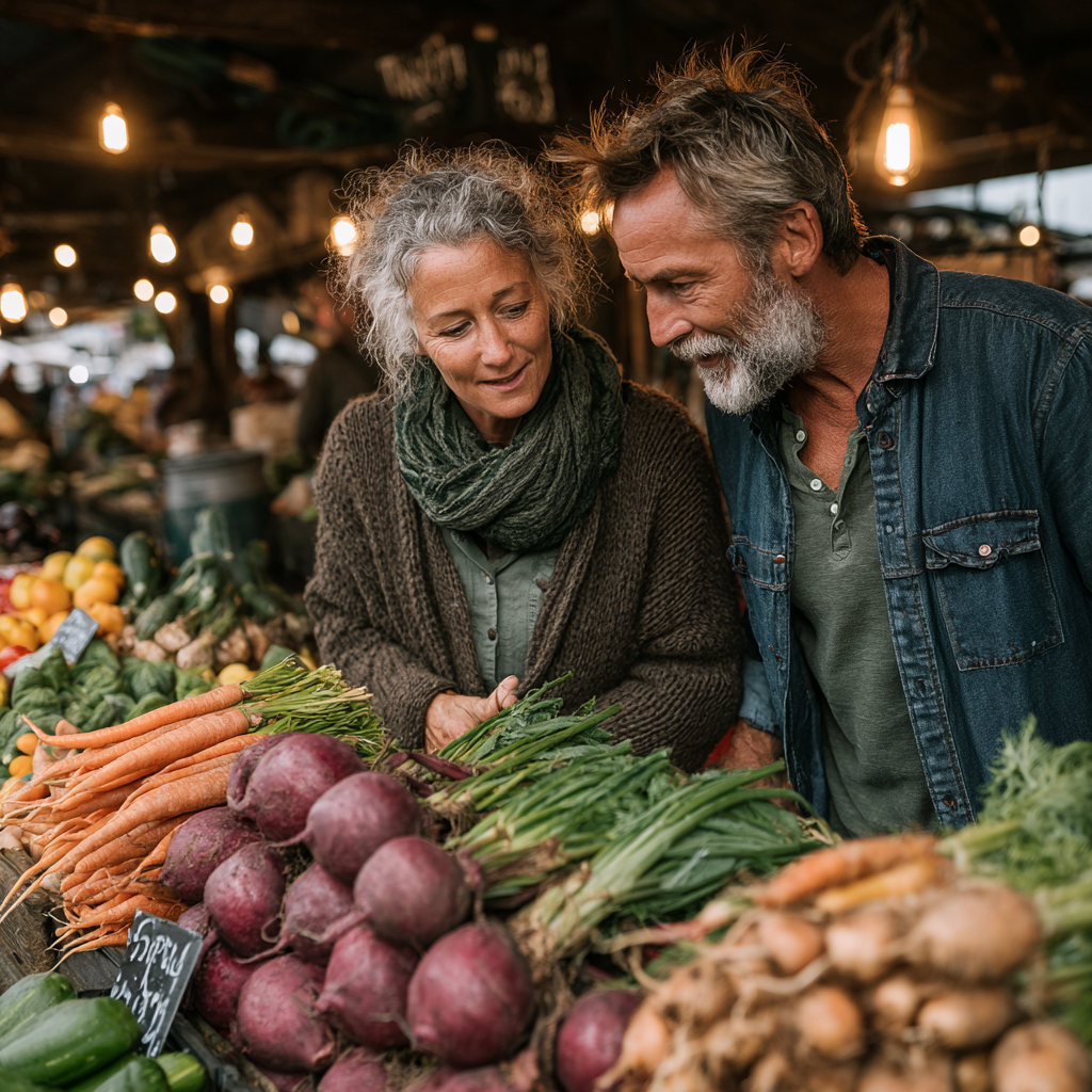 Mature woman in her 50s and man in his 40s shopping for fresh vegetables and fruits at farmers market, both examining healthy produce
