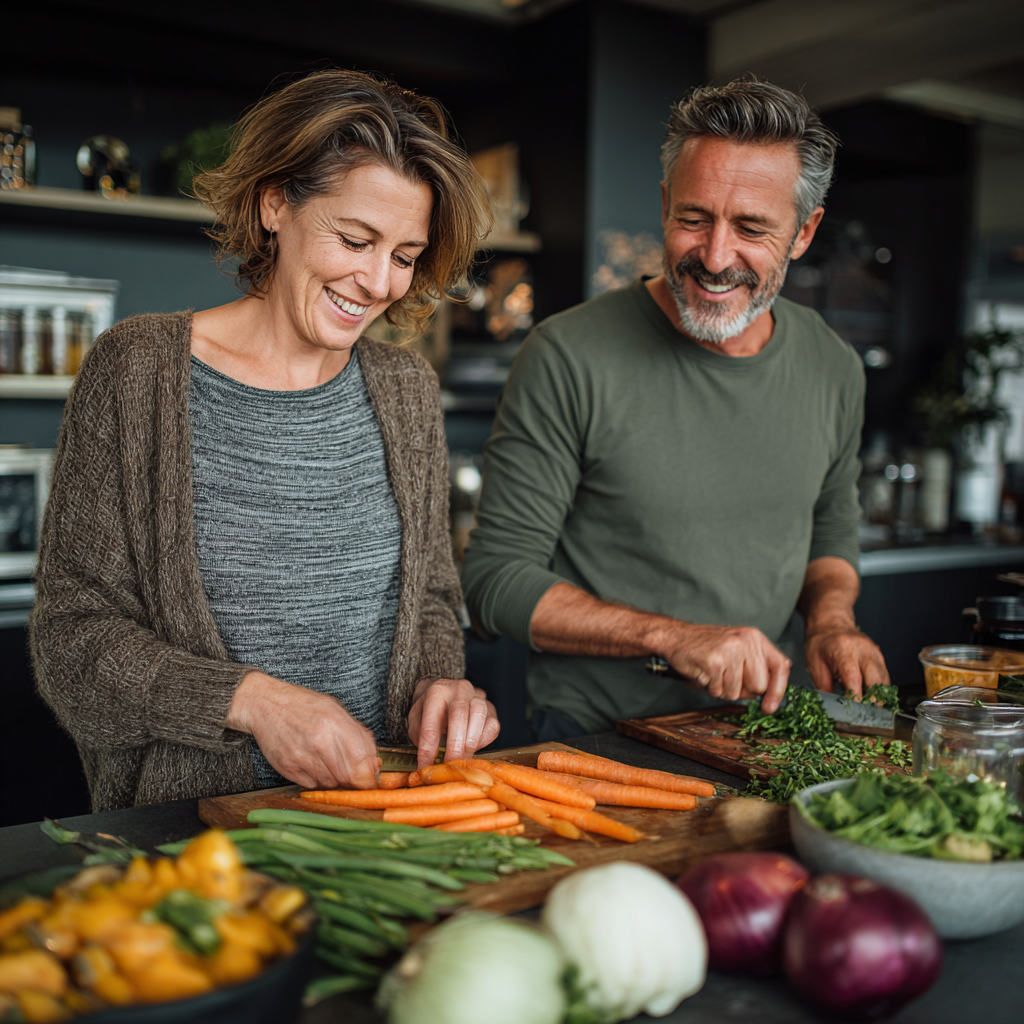 Middle-aged woman and man in their 40s cooking healthy vegetables together in a bright modern kitchen, both smiling and preparing nutritious meal